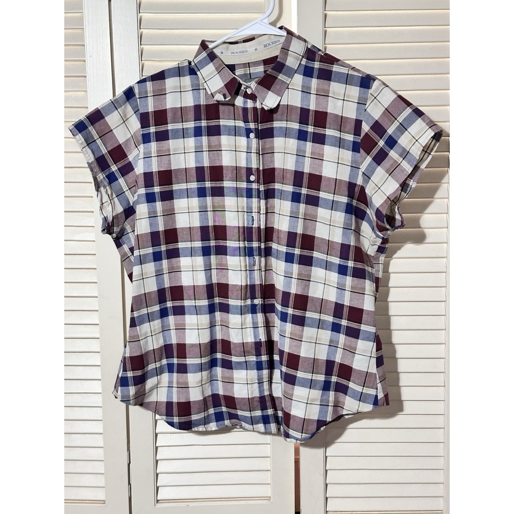 Rockies Jeanswear Shirt Women XL Plaid Button Front Short Sleeve Cotton Western‎